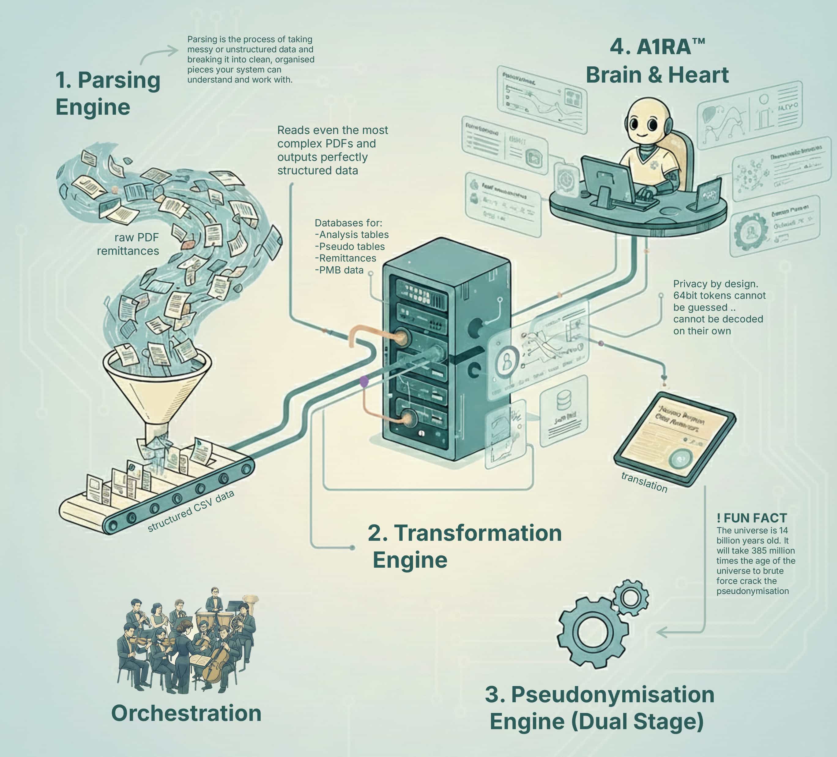 Diagram showing the end-to-end A1RA audit workflow from remittance ingestion to analysis and insights